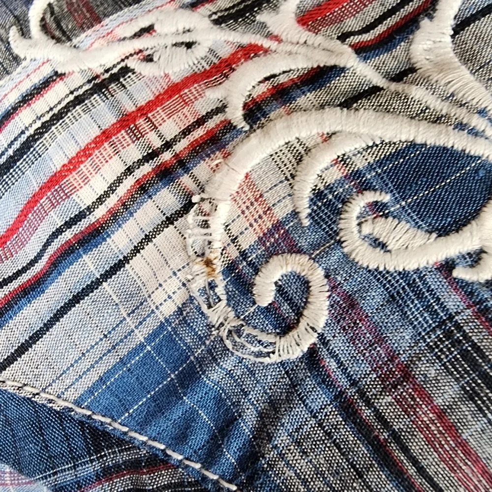 Panhandle Slim Plaid Pearl Snap Shirt  Embroidered Blue Red Size Medium - Picture 16 of 16